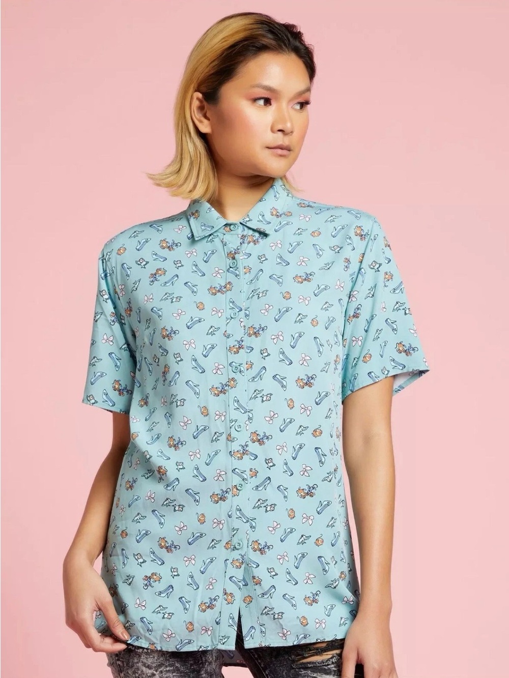 New Hot Topic Disney Cinderella Ivon Woven Button Shirt Jug Gas Blue
